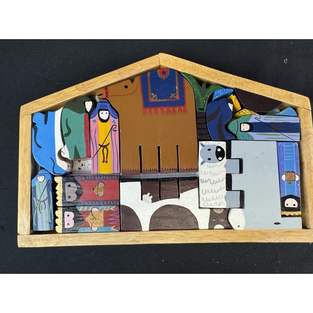 Vintage 60s Wooden Nativity Puzzle Montessori Minimalist Toy Christmas